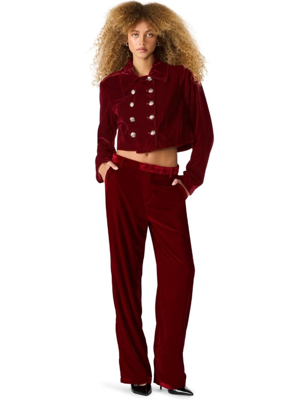 Steve Madden Women's Red Velvet Long Sleeve Double Breasted SOLID Tonia Blazer